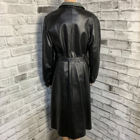 Vintage 70s Leather Maxi Trench Coat Small Black Belted Retro Long Overcoat - Picture 8 of 16